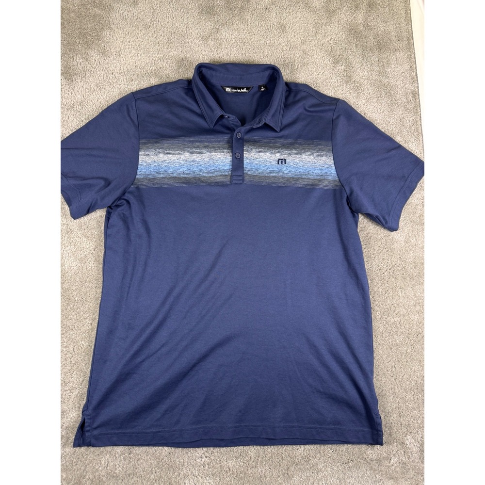 TravisMathew Mens XL Navy Blue Striped Short Sleeve Golf Polo Shirt Performance